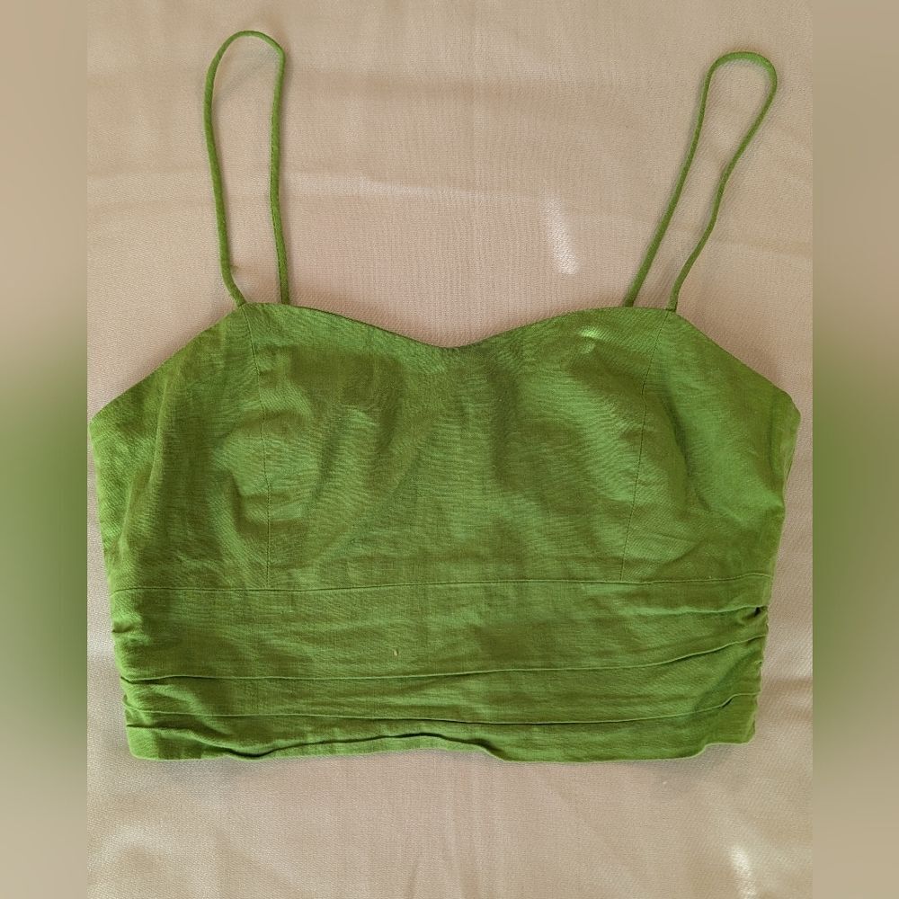 Zara Linen Ruched Lime Green Spaghetti Strap Tank Camisole Crop Top XS